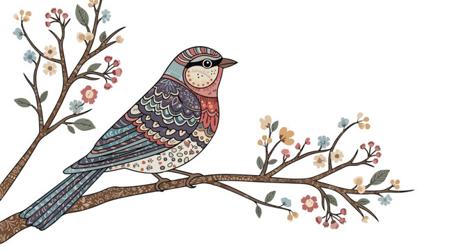Vintage folk art bird illustration on flowering branch, decorative bohemian songbird vector, rustic floral garden scene with patterned bird