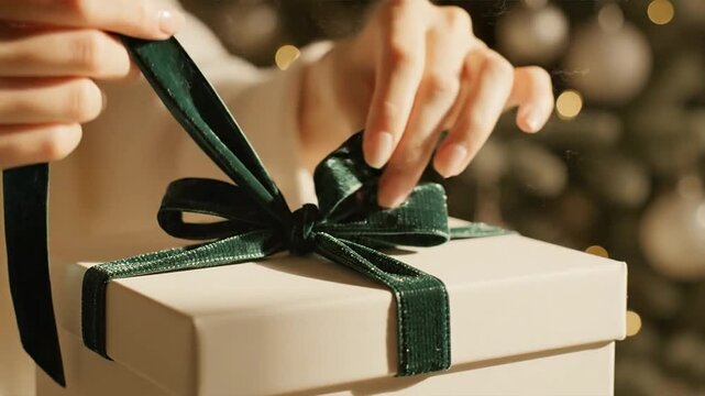 Hands Tying Green Ribbon On White Gift Box Christmas Tree Background Winter 2026 Holiday Season Chri