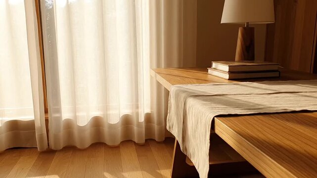 Sunlit corner with wooden table and soft curtains creating warm cozy ambiance