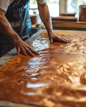 Leather Tanning Artisan applying dye to a large piece of leather in a tannery