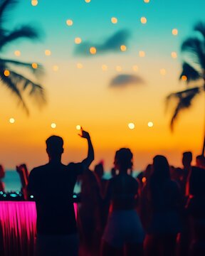 People silhouettes dancing at beach party music festival during sunset with neon lights.