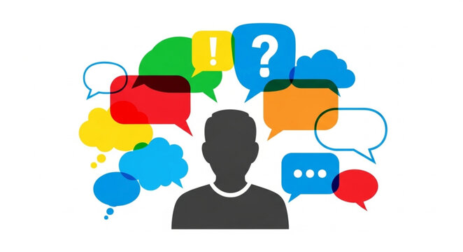 Man with speech bubbles around.