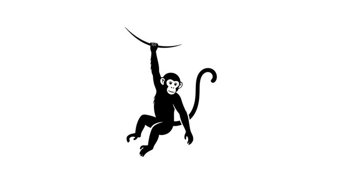 Black monkey silhouette hanging from vine, playful primate illustration, white background