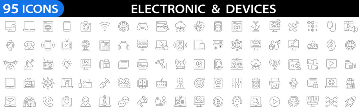 Technology and Electronics and Devices web icon set in line style. Computer, device, phone, laptop, communication, e-commerce, smartphone and more. Vector illustration