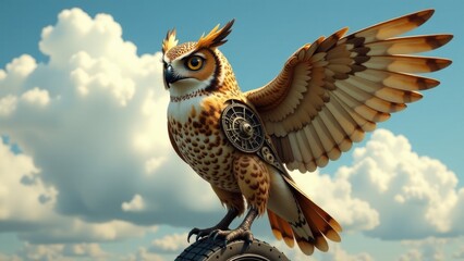 Obraz premium A wise owl sits atop a worn-out tire in a desolate environment