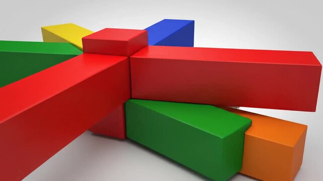 Colorful interlocking rectangular blocks forming a complex geometric structure on a white background.