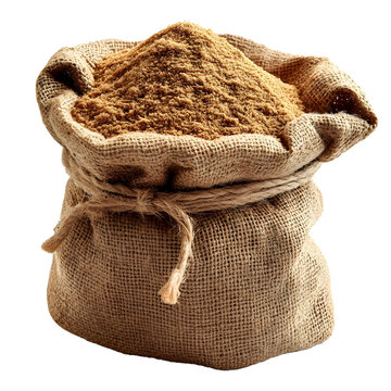 Front view of a single jute sack full of hing (asafoetida) overflowing and fallen out, studio shot, isolated on a white transparent background