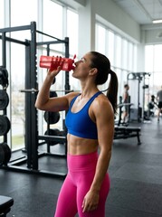 Fototapeta premium Fit woman hydrating, drinking water in gym