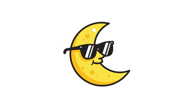 A cool golden crescent moon character featuring a confident smirk and dark sunglasses is isolated against a pristine white background for modern graphic design.