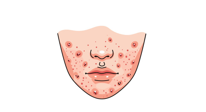 A focused illustration of the lower facial region captures a nose and mouth surrounded by numerous red acne spots and blemishes on a white background.