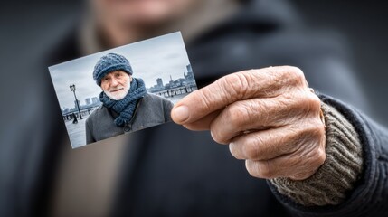 Obraz premium Senior man holding a photo of himself in winter attire by the waterfront