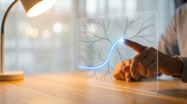 A person touching a fingerprint sensor as part of an ai decision flow process for secure access and interaction