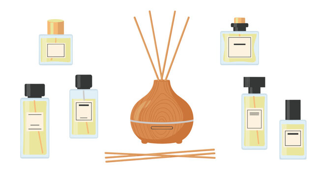 Elegant wooden essential oil diffuser with long reeds is surrounded by various glass perfume bottles containing light yellow liquid on a white background.