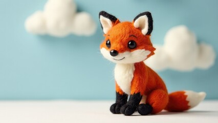 Fototapeta premium A close-up shot of a plush toy fox sitting on a table, perfect for use in designs related to home decor or children's products