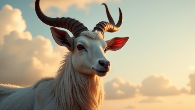 A close-up shot of a goat with distinctive and impressive horns