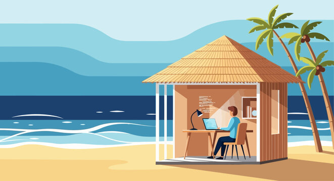 An inspired person focuses on their computer within a charming seaside bungalow, embracing the digital nomad lifestyle amidst a beautiful coastal landscape.