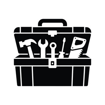 Open black toolbox with various hand tools including a hammer, wrench, screwdriver, and saw.
