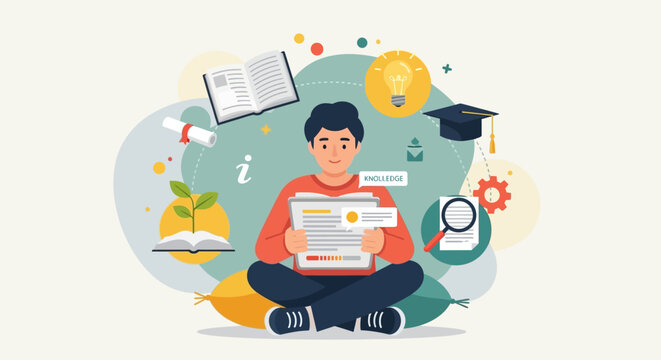 A young man sits cross-legged, surrounded by diverse educational symbols, embodying the journey of learning, knowledge acquisition, and personal growth.