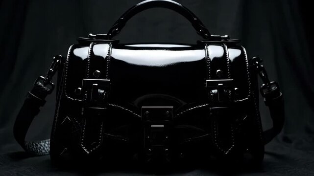 Elegant black patent leather handbag in dark studio setting