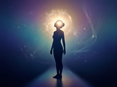 Human silhouette with glowing mind representing mental clarity, consciousness and emotional healing concept