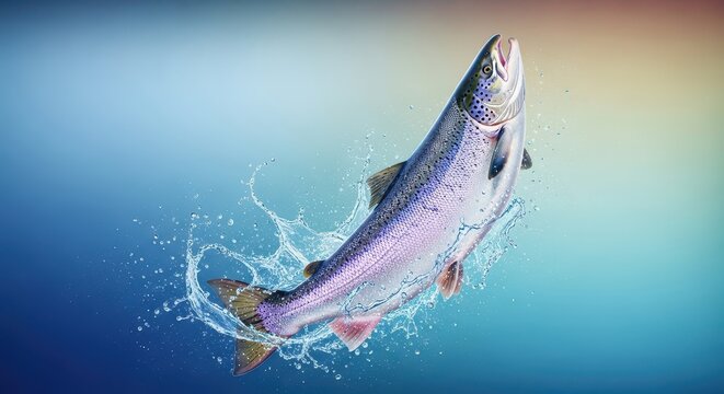 Large, wild Atlantic salmon leaping upstream against a powerful current, showcasing its immense strength and natural migratory instinct in clear river water, scales, natural, wild