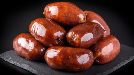 Obraz premium A pile of shiny brown sausages on a slate