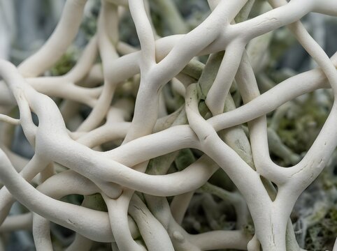 Abstract macro of white organic mycelium tubes with moss freen details in laboratory setting