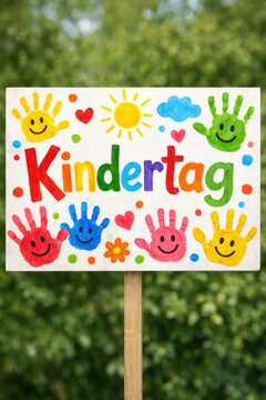 kindertag sign with colorful handprints and smiley faces