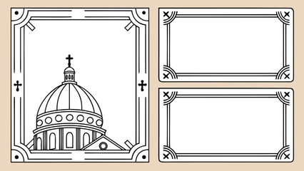 A set of three black and white frames featuring a church dome and geometric borders © Creative Contributor