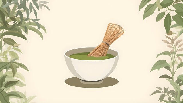A serene illustration of a traditional japanese matcha bowl with a bamboo whisk and green leaves