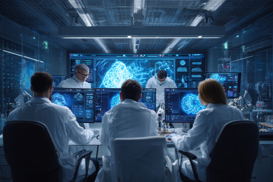 a group of scientists in white lab coats working together at large computer screens displaying ai imagery, with holographic displays and digital designs on the walls behind them