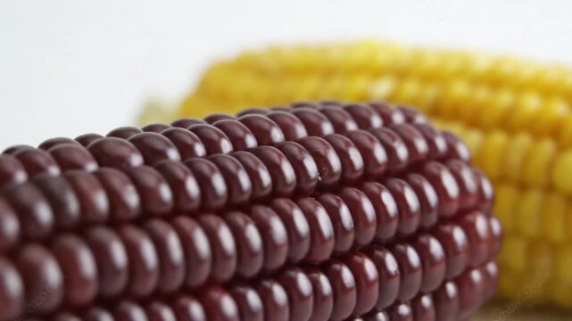 Yellow and purple corn cobs shown side by side