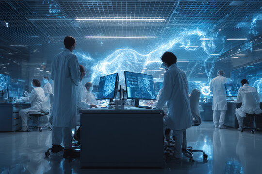 a group of scientists in white lab coats working together at large computer screens displaying ai imagery, with holographic displays and digital designs on the walls behind them