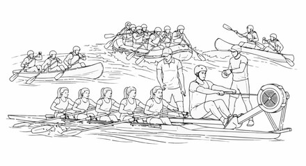 Obraz premium Diverse group participates in various watercraft and rowing activities