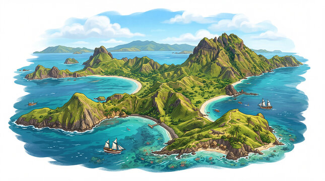 Komodo Dragon Island Illustration with Tropical Landscape on White Background