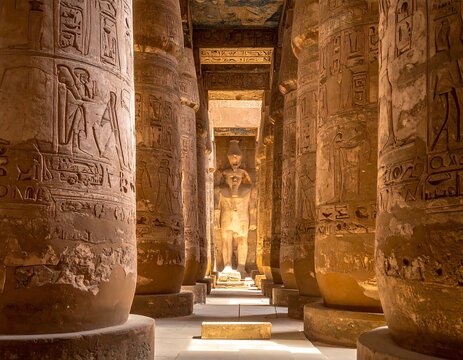 Interior view of ancient Egyptian temple, showcasing monumental columns with hieroglyphs and a colossal statue in the distance