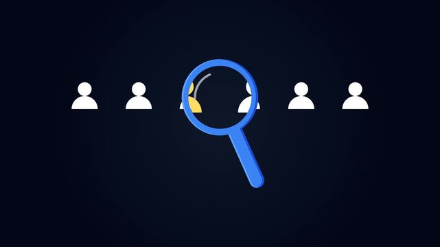 Recruitment and hiring animation with magnifying glass searching user profile
