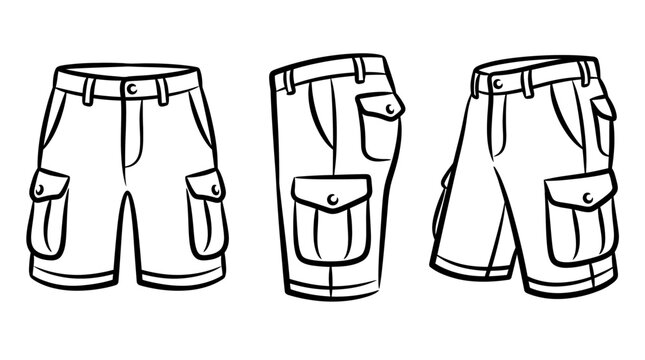Detailed Black and White Illustrations of Cargo Shorts in Various Poses.