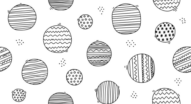 Scattered doodle uneven circle striped seamless abstract hand drawn black vector background