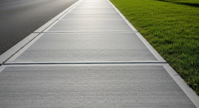Textured gray concrete sidewalk pavement stretching toward the distance, bordered by an asphalt road and green grass under bright daylight, outdoor, exterior, neighborhood