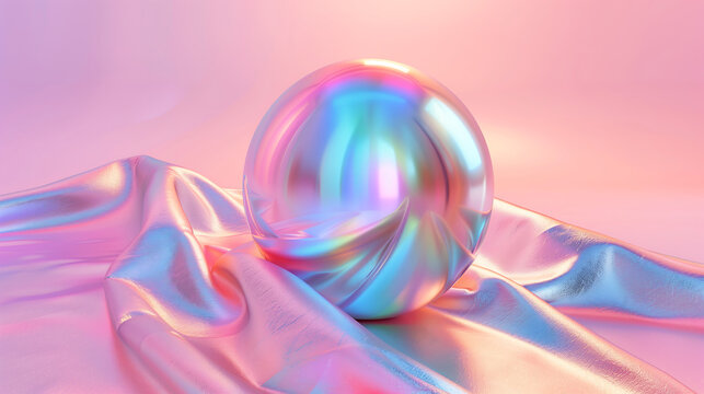 A work of art in the form of an iridescent sphere with a holographic fabric texture, iridescent interference pattern on the surface, silky fabric-like drapery folded into a perfect spherical shape, pu