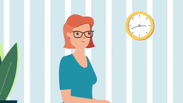 Businesswoman standing near clock animation, time management and punctuality concept in workplace with professional character