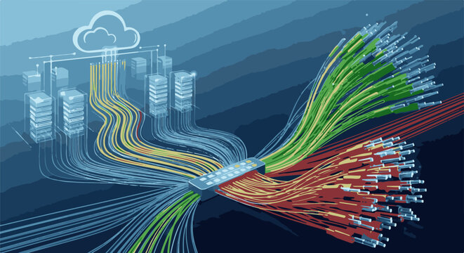 Abstract digital art of data flow from cloud to fiber optics