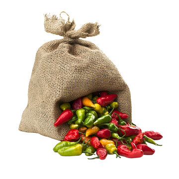 Front view of a single burlap sack of pepperoncini peppers overflow and fallen out, studio shot, isolated on a white transparent background