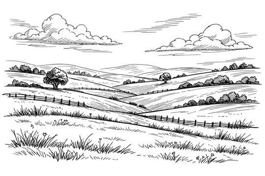 Hand drawn rural landscape with rolling hills trees and clouds line art sketch