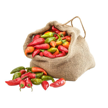 Front view of a single burlap sack of pepperoncini peppers overflow and fallen out, studio shot, isolated on a white transparent background