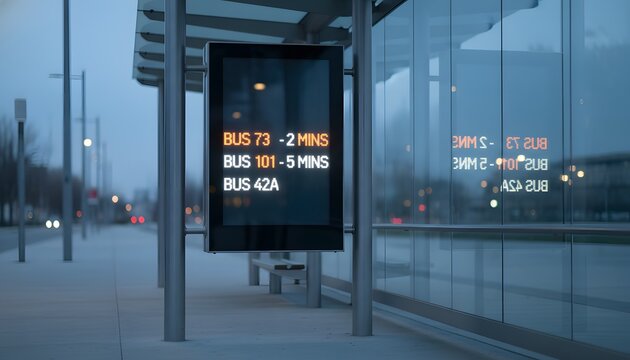 Modern digital timetable board at a bus stop displaying real-time arrival info for an efficient public transport and smart city navigation concept during blue hour