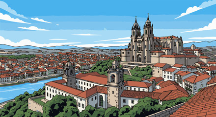 Obraz premium Wide view of a historic city with a large cathedral and tiled roofs