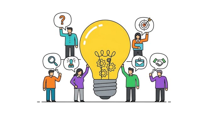 Team brainstorming session around a central idea symbolized by a glowing lightbulb