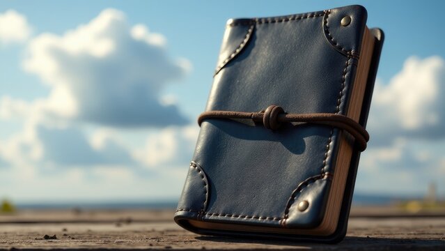 A classic leather-bound book rests on a wooden table, ready for reading and study
